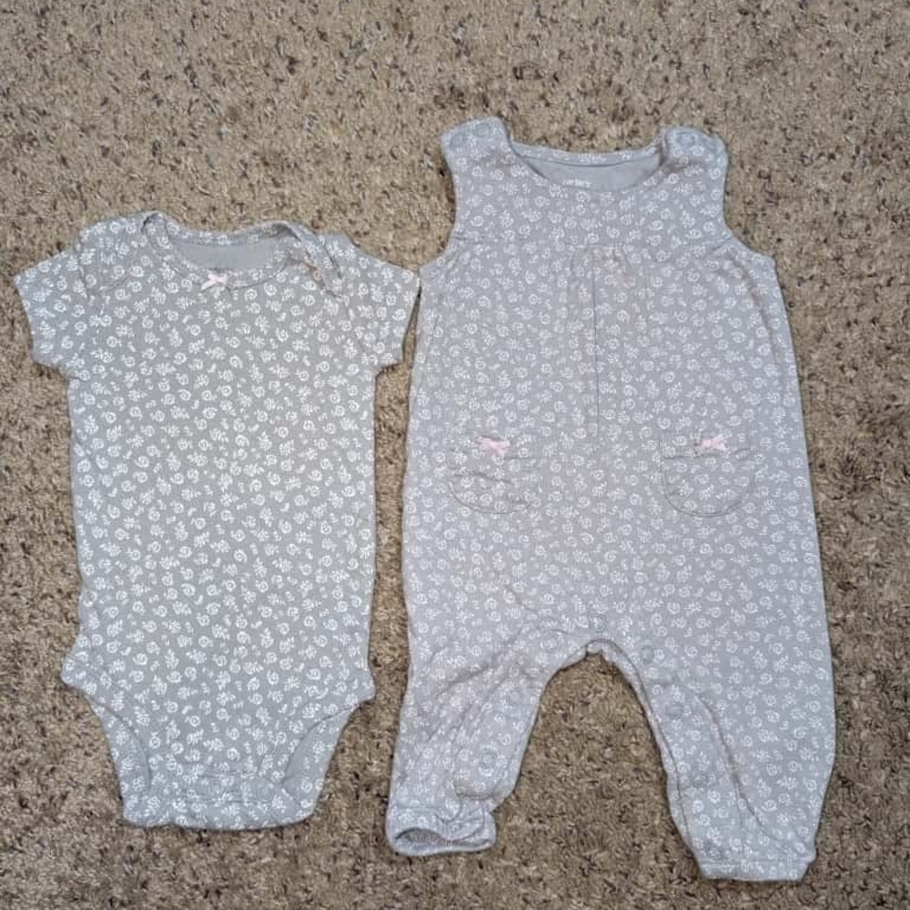Gray Floral Baby Onesie and Romper Set